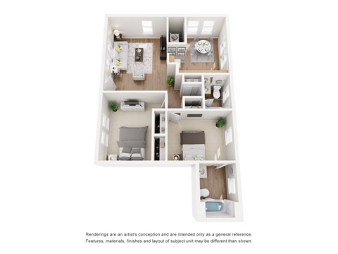 Floor plan for 2 beds, 2 baths, 755 sqft